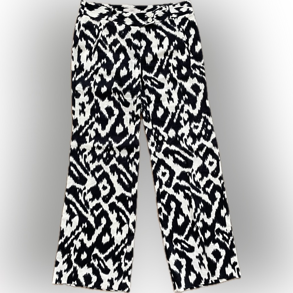 Ann Taylor LOFT 100% Linen Ikat Boho black ivory Palazzo Pants Size 6 Beachy